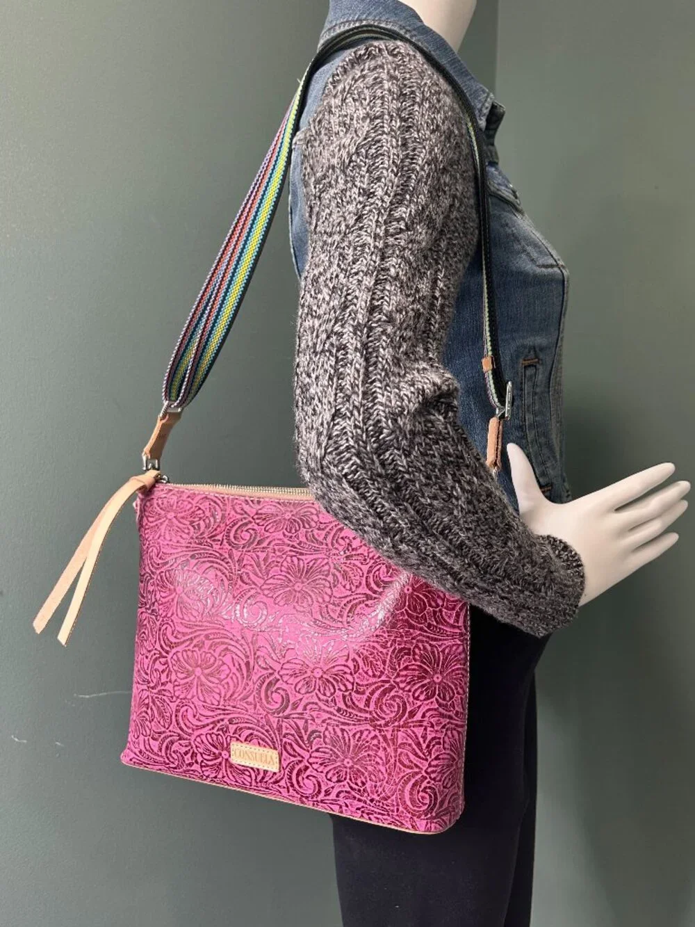 CONSUELA Mena Downtown Women's Fuchsia Tooled Leather Crossbody - Picture 2 of 11